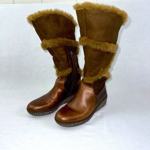 Born Women's Shearling Cognac Brown Suede Leather Mid Calf Boots US7 Luxury Core